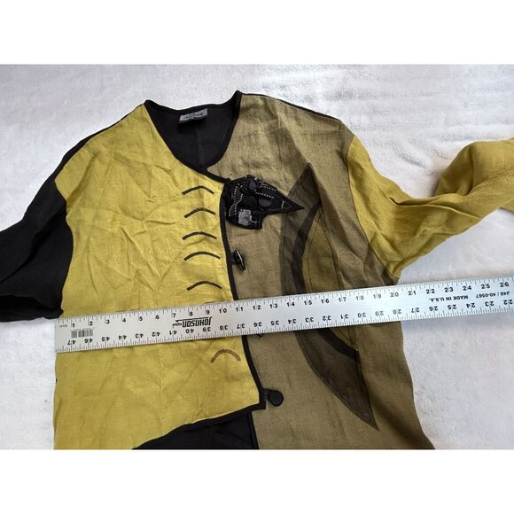 Alissa Artistic Asymmetric Linen Jacket Womens Small Yellow Black Art to Wear - Picture 6 of 7